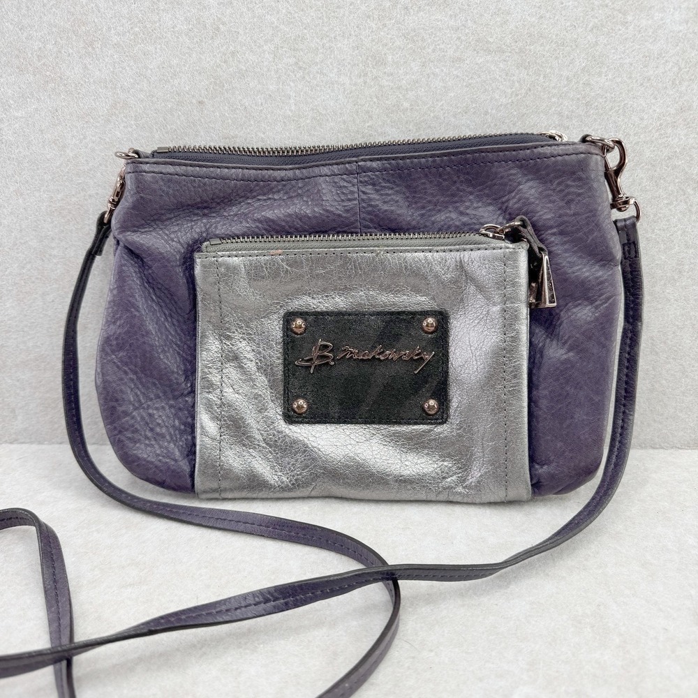 B. Makowsky Crossbody Bag Womens Small Purple Leather Zip Detachable‎ Strap